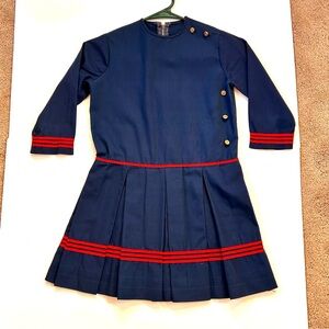 Vintage 1960s Young Bobbie Navy Blue Dress 6X Sailor Pleated Skirt Gold Buttons